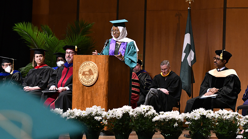 myrah beverly delivers her commencement address at Wharton Center