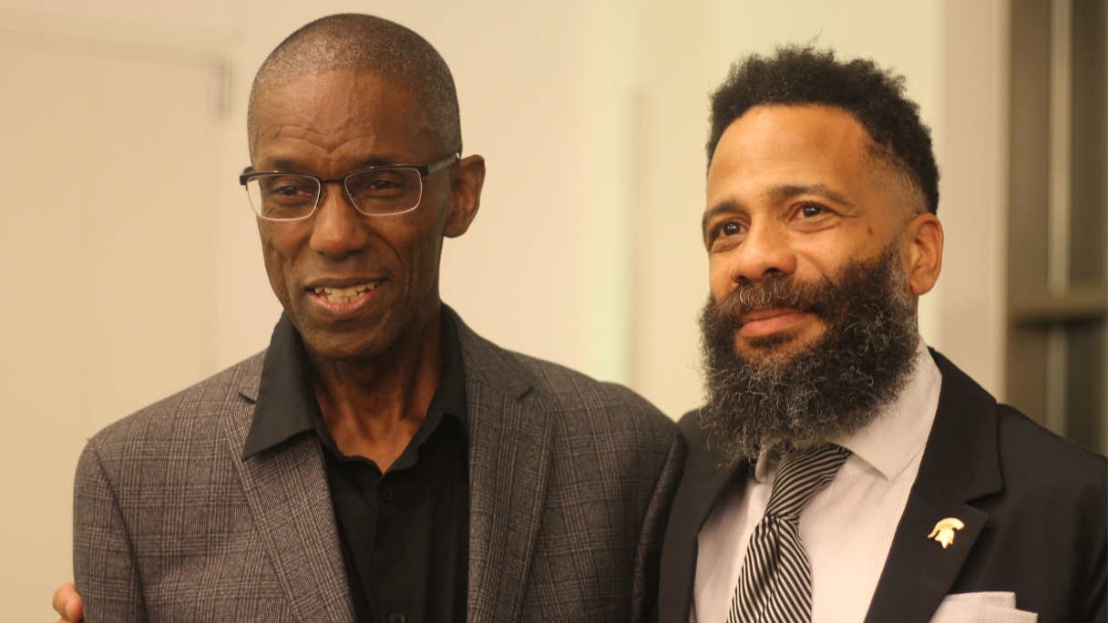 Curtis Stokes (left) is pictured at his 2019 retirement party with Pero Dagbovie, Vice Provost for Graduate and Postdoctoral Studies and Dean of the Graduate School.